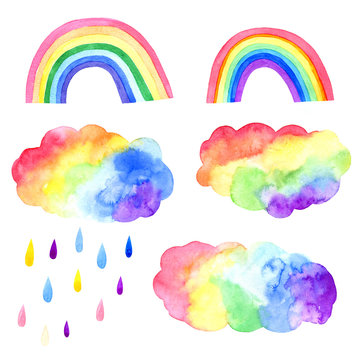set of watercolor elements, rainbow, rainbow cloud, rain