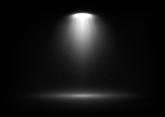 Vector spotlight on scene with light beams and particles in the air. Design for presentation your product.