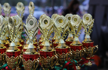 Closeup of golden trophies.