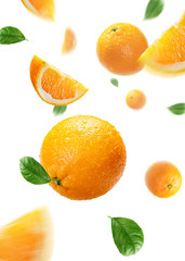 oranges with slices and leaves flying on air