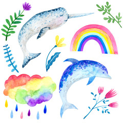 set of watercolor elements, rainbow, narwhal, flowers, dolphin © ARTvektor