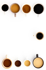 Flay lay with cups - coffee break - on white background top view copy space