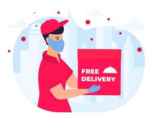 COVID-19. Coronavirus epidemic. Courier in a protective medical mask and gloves is holding a parcel in his hands. Online ordering of goods and food. Safe delivery.
