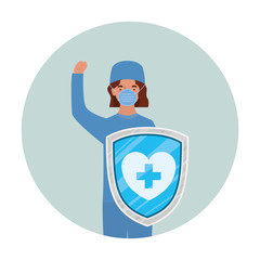 woman doctor hero with shield against 2019 ncov virus vector design
