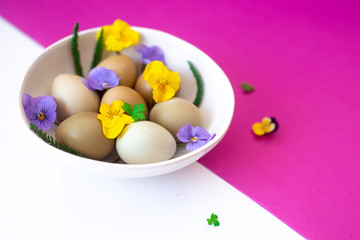 Easter eggs with yellow and lilac flowers in a white bowl on a white and pink background. Easter concept, copy text.