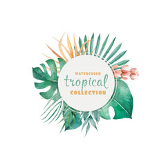Watercolor frame with tropical palm leaves. Hand drawn illustration exotic green leaf with background