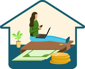 A woman works online at home.