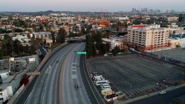 Covid-19 Coronavirus causing empty roads in United States of America, aerial drone view following the 101-Freeway south towards Sunset Blvd. and DTLA