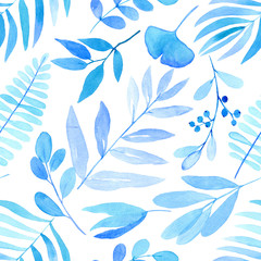 watercolor seamless pattern with blue floral motifs