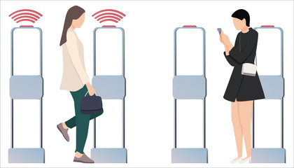 Woman goes through anti-theft sensor gates. System reports theft. Security system detect barcode and notify. Vector, illustration.