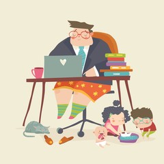 Businessman in a suit jacket and pajama bottoms working from home using laptop computer and his children playing on the floor