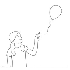 Little girl shows a finger on a balloon. Line drawing vector illustration.