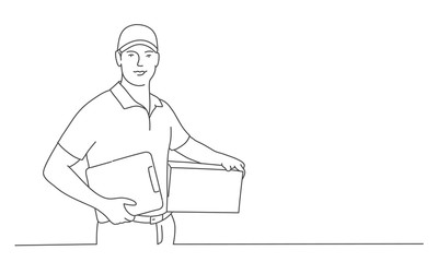 Delivery man with parcel post box and clipboard. Line drawing vector illustration