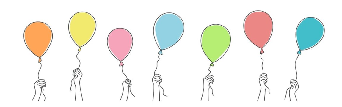 Hands holding balloons. Hand drawn vector illustration