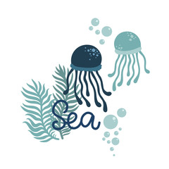 cute jellyfish and lettering, fish animals, cartoon vector illustration