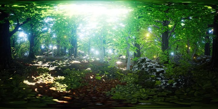 VR 360 firefly flying in green forest