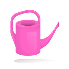 Pink plastic watering can for watering the garden. Vector illustration isolated on white background.