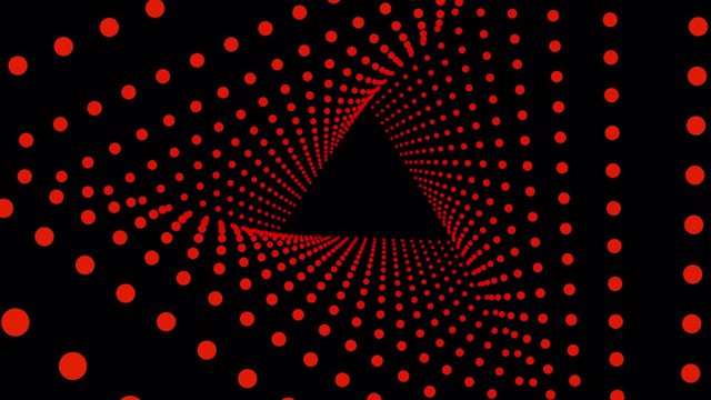 Abstract dots pattern motion background.Triangle Tunnel with red dots and black background