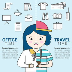 Half of a woman concept of office life and traveling life with symbols flat design.