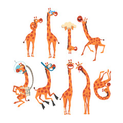 Funny Giraffe Collection, Crazy African Animal Cartoon Character in Various Poses Vector Illustration