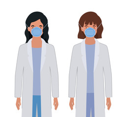 Women doctors with uniforms and masks vector design