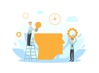 Tiny Business People Working Together Putting Ideas in Human Head, Creative Ideas, Collaborating, Solving Problems, Brainstorming Vector Illustration