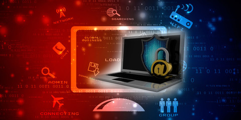 3d rendering E-mail symbol with lock in laptop. Internet security concept
