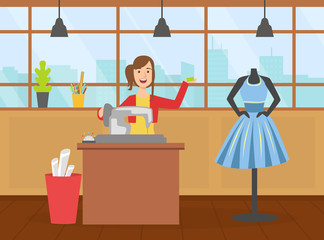 Female Tailor Character Sewing Dress on Dressmakers Dummy, Creative People Profession or Hobby Vector Illustration
