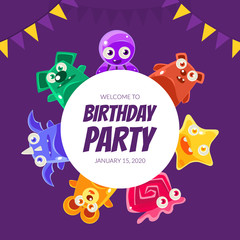 Welcome Birthday Party Banner Template, Invitation Card, Poster with Cute Funny Jelly Monsters Vector illustration