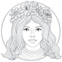 Beautiful girl with a floral wreath on her head.Coloring book antistress for children and adults. Illustration isolated on white background.Zen-tangle style. Black and white drawing
