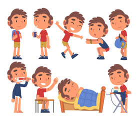 Schoolboy Daily Routine Activities Collection, Cute Boy Waking Up, Brushing his Teeth, Eating, Studying, Sleeping at Night Cartoon Vector Illustration