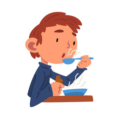 Cute Boy Having Lunch, Preschool Kid Daily Routine Activity Cartoon Vector Illustration