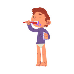 Cute Boy Brushing his Teeth in Bathroom Before Bedtime, Preschool Kid Daily Routine Activity Cartoon Vector Illustration