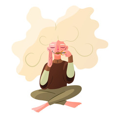 A cute girl with long hair sits in a lotus position and plays on a jaw harp. Vector colored isolated character in a trance while playing a musical instrument. Calmness, concentration, pacification.