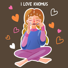 Sweet girl with pigtails sitting in the lotus position and plays the Jew's harp. Lettering I love khomus. Cute picture for fans of ethnic musical instruments. Vector isolated colorful character. 