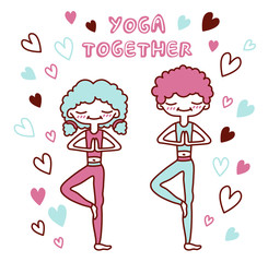 Vector isolated illustration with cute  people in a tree pose surrounded by hearts. Loving couple doing yoga. Lettering yoga together. Picture for cards, cards, sites for yoga. Printable.