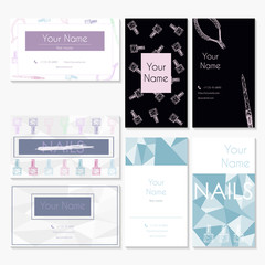 Manicure salon business card design templates set. A set of business cards for nail salons and beauty salons. Vector graphics of polygons in pastel colors with items for manicure.