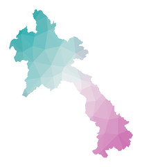 Polygonal map of Laos. Geometric illustration of the country in emerald amethyst colors. Laos map in low poly style. Technology, internet, network concept. Vector illustration.