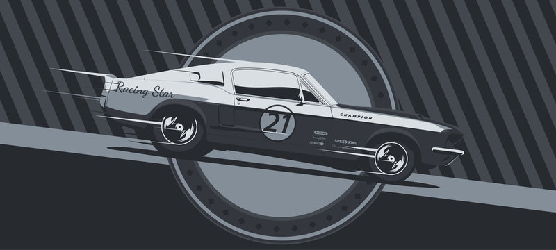 Muscle car on racing, vintage colors, vector illustration.