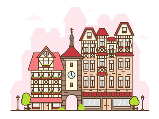 Vector isolated illustration of a street of a German city in flat style. Street with historical gothic architecture and attractions. Chapel with an arch, boutiques and shops. Travel to Europe