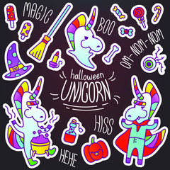 Stylish vector stickers in the halloween theme with a unicorn. A set of Halloween paraphernalia and several creepy images: a vampire, a sorcerer, a ghost. Rainbow pictures for decorating a diary.