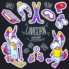 Set of vector unicorn winter stickers. hat, hockey, sledges, scarf, socks, mittens, skis, skates, ice skating, skiing, hockey sticks, entertainment, diary decoration, sports, winter clothes, cold