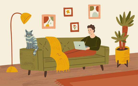 Freelancer working on a laptop on the sofa. Remote work. Work from home, quarantine. Hand drawn illustration with texture. 
