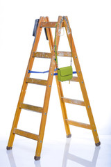 Step ladder fashion concept. Green bag. Fashion and career. The interaction of things. Fashionable bag and building ladder.