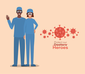 Woman and man doctors heroes with uniforms and glasses against 2019 ncov virus vector design