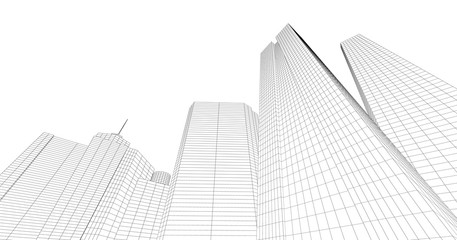 Fototapeta premium Modern architecture in a beautiful metropolis.Freehand line drawing illustration, 3D illustration