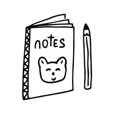 Hand drawn notes book with pen and cute animal face. Doodle vector illustration for travel, school and every day.