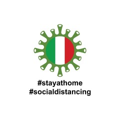 Italy Flag in virus cells. Vector illustration of virus , bacteria, fungi and infections isolated on white background. with hastag stay at home and social distancing