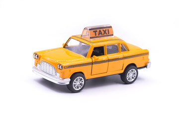 yellow taxi cab car toy isolated on white background