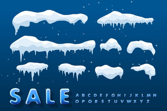 Set of isolated snow cover. Snow elements on a winter background. Vector template in cartoon style for your design. Winter alphabet. Vector.